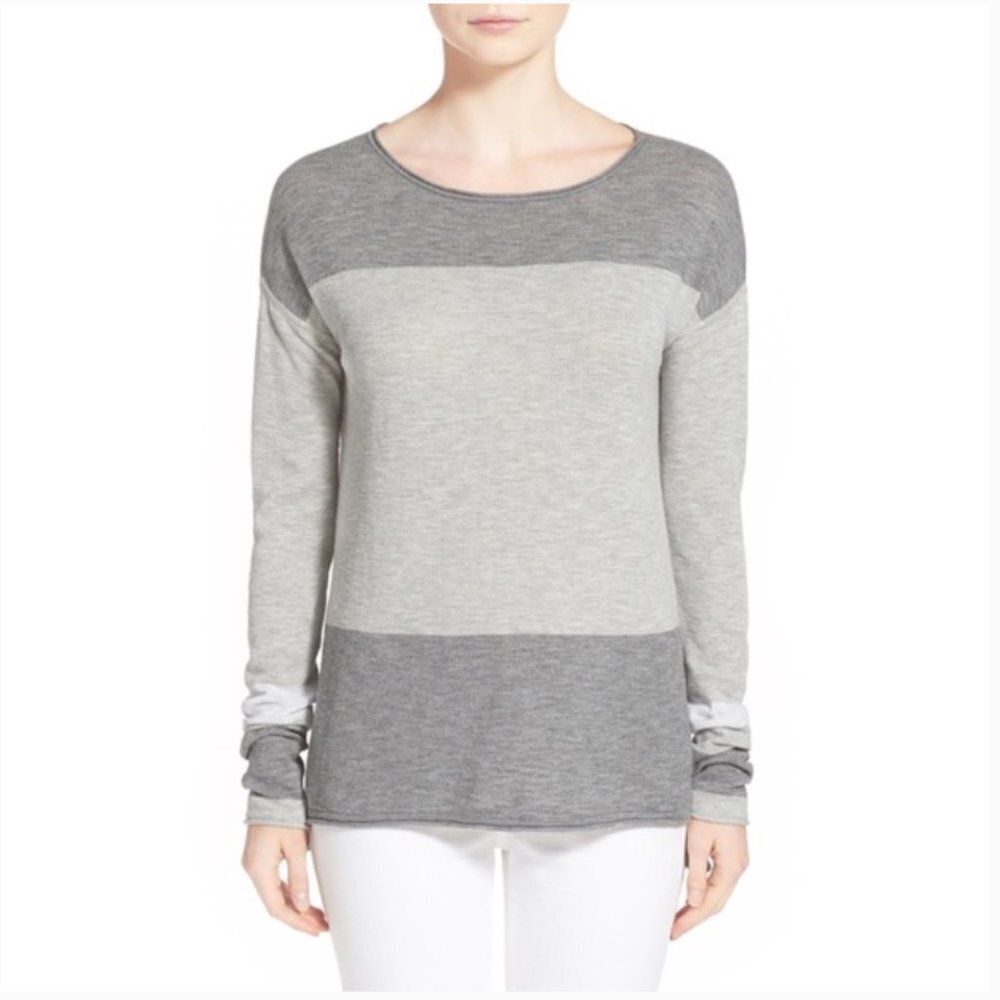 Vince Colorblock Boatneck Knit Pullover Sweater Stone Steel